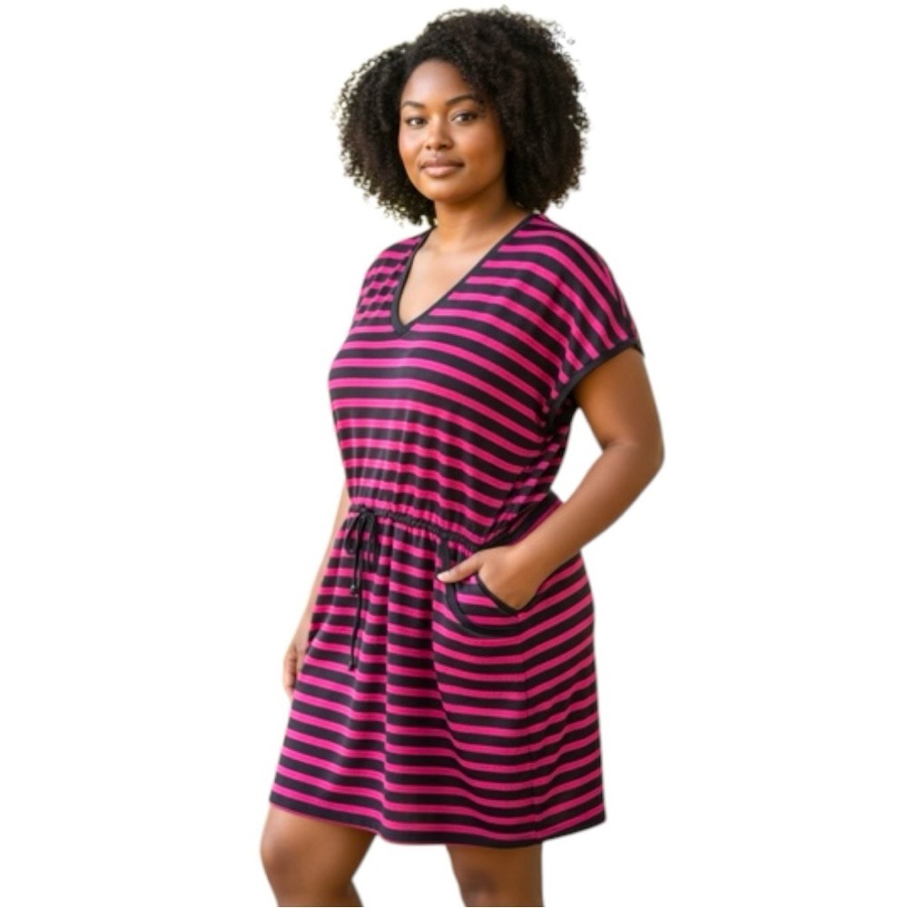 Sea Striped Swim Cover-Up 5XL Pink Black Drawstring Beach Resort Pullover Dress